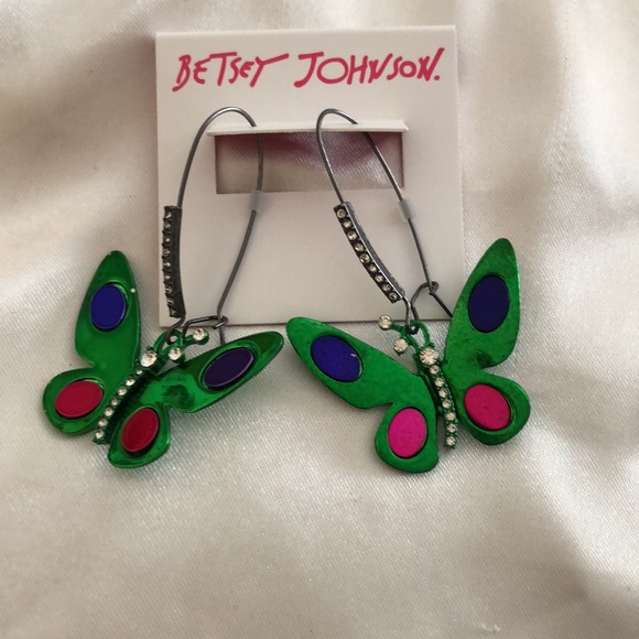 Betsey Johnson Hematite Tone Green Metallic Butterfly Drop Earrings NWT - Picture 4 of 10